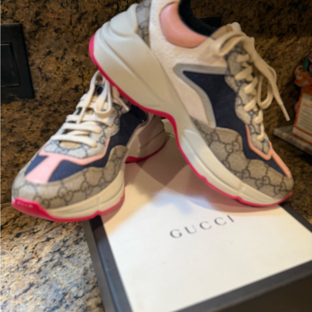 Gucci GG Rhyton Tan White Pink Sneakers EUC size 38